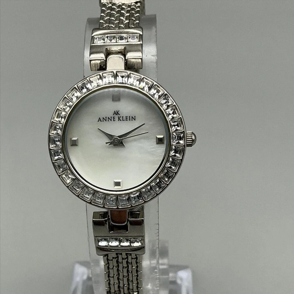 Anne Klein Womens Watch 26mm MOP Dial Silver Tone Crystals New Battery 7.25